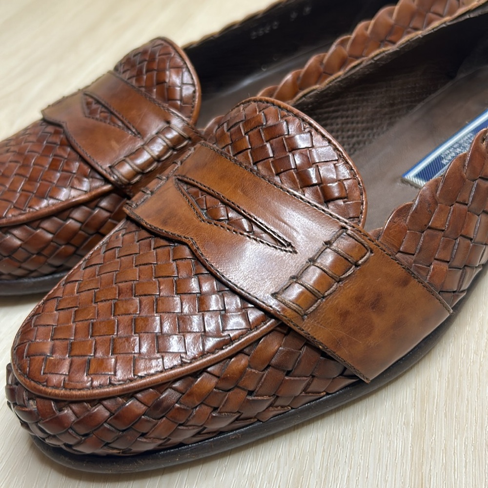 Bragano by Cole Haan 👞 Men's Brown Woven Leather Penny Loafers 9M Made in Italy - Picture 15 of 16